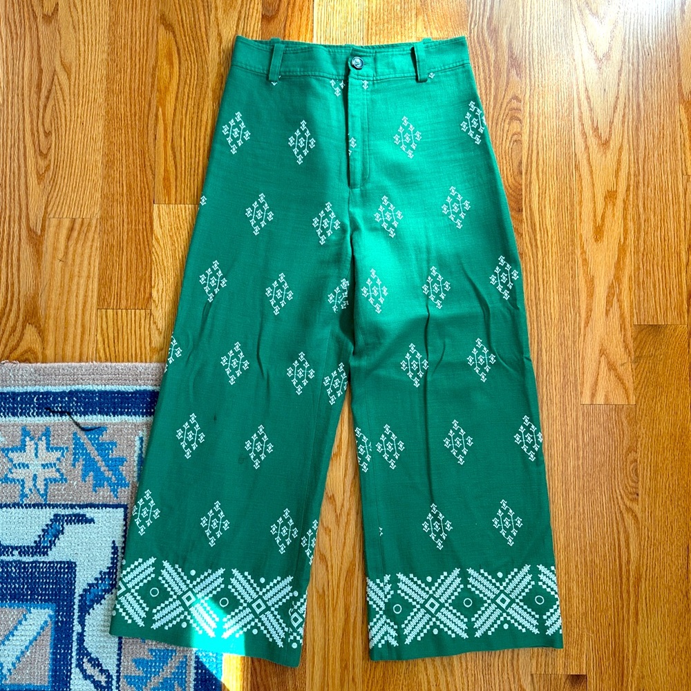 Zara Embroidered green wide leg pants